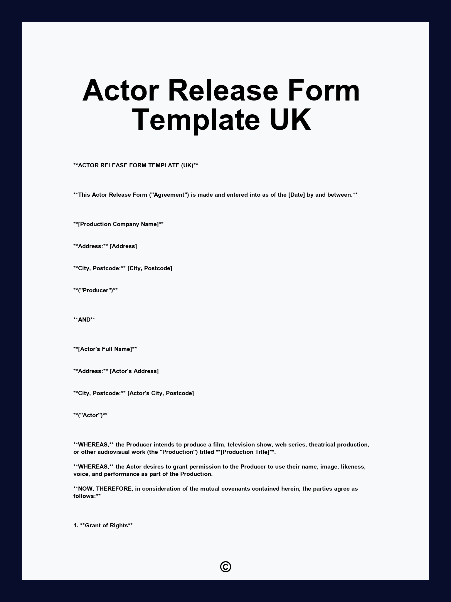 Actor Release Form Template UK