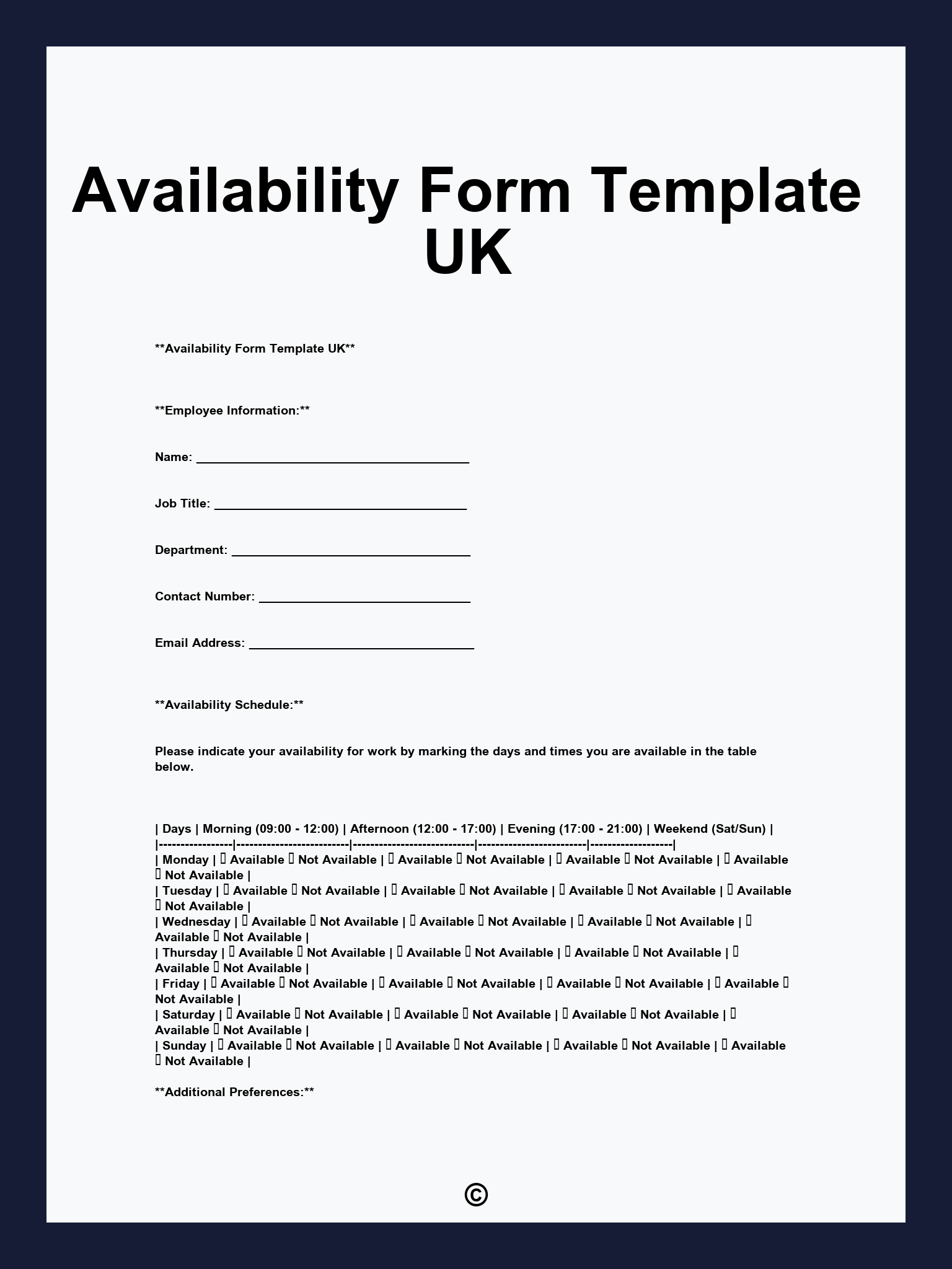 Availability Form Template UK