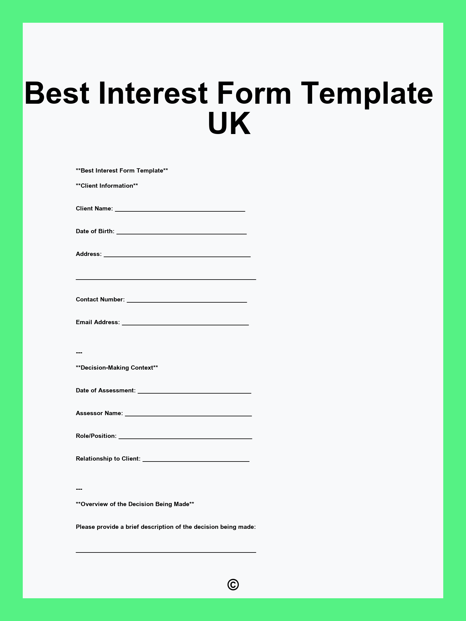 Best Interest Form Template UK