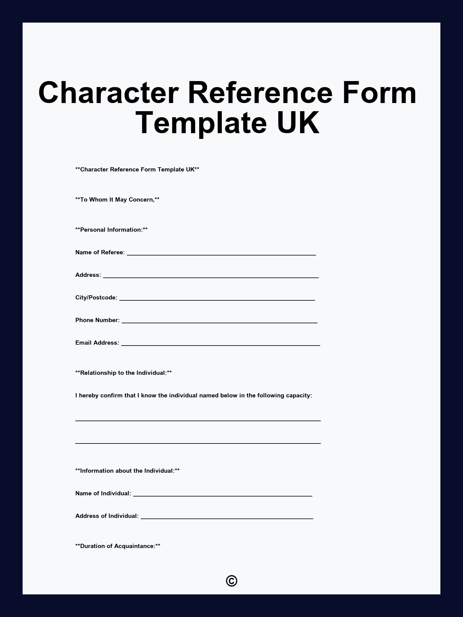 Character Reference Form Template UK