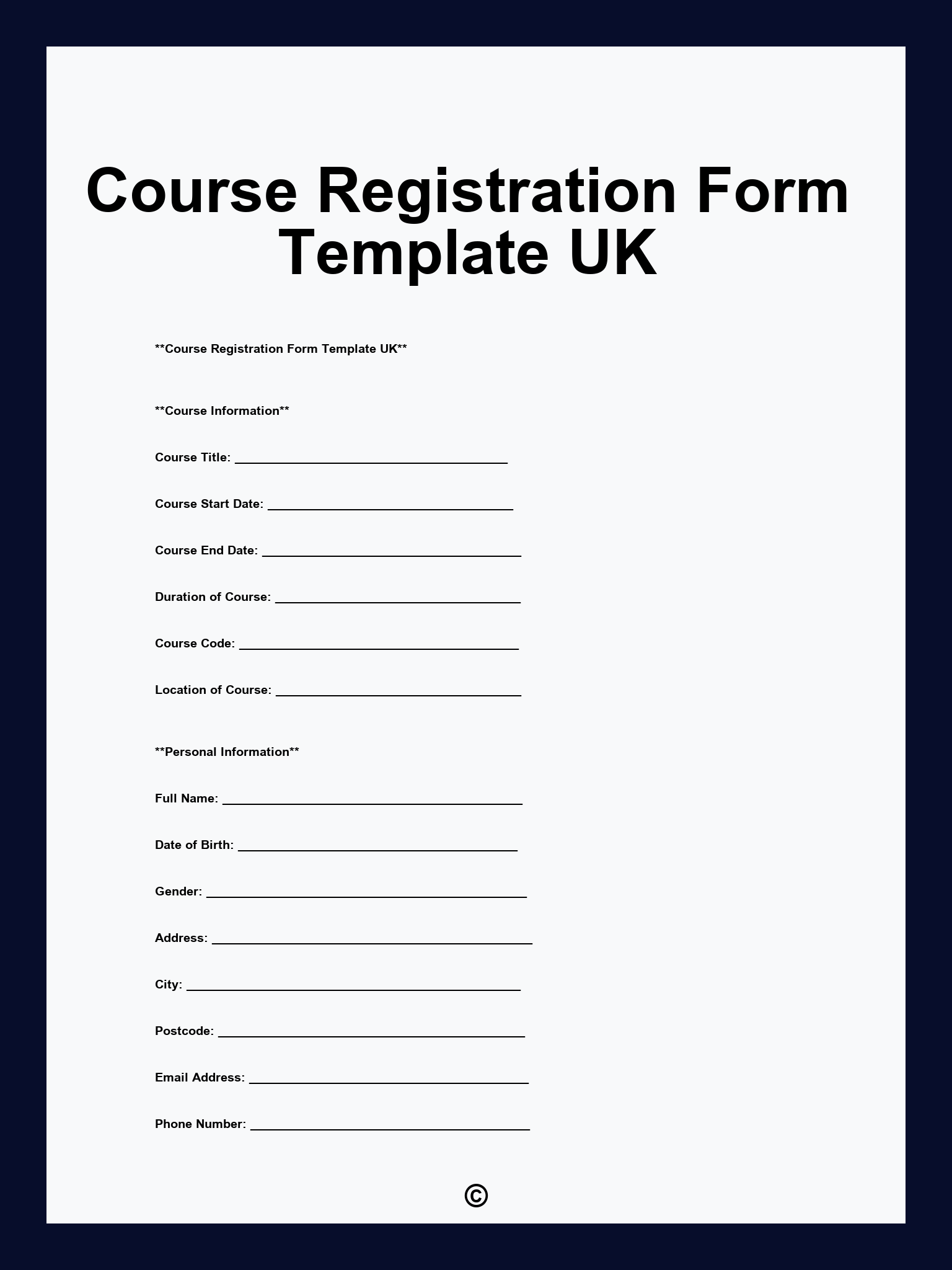 Course Registration Form Template UK
