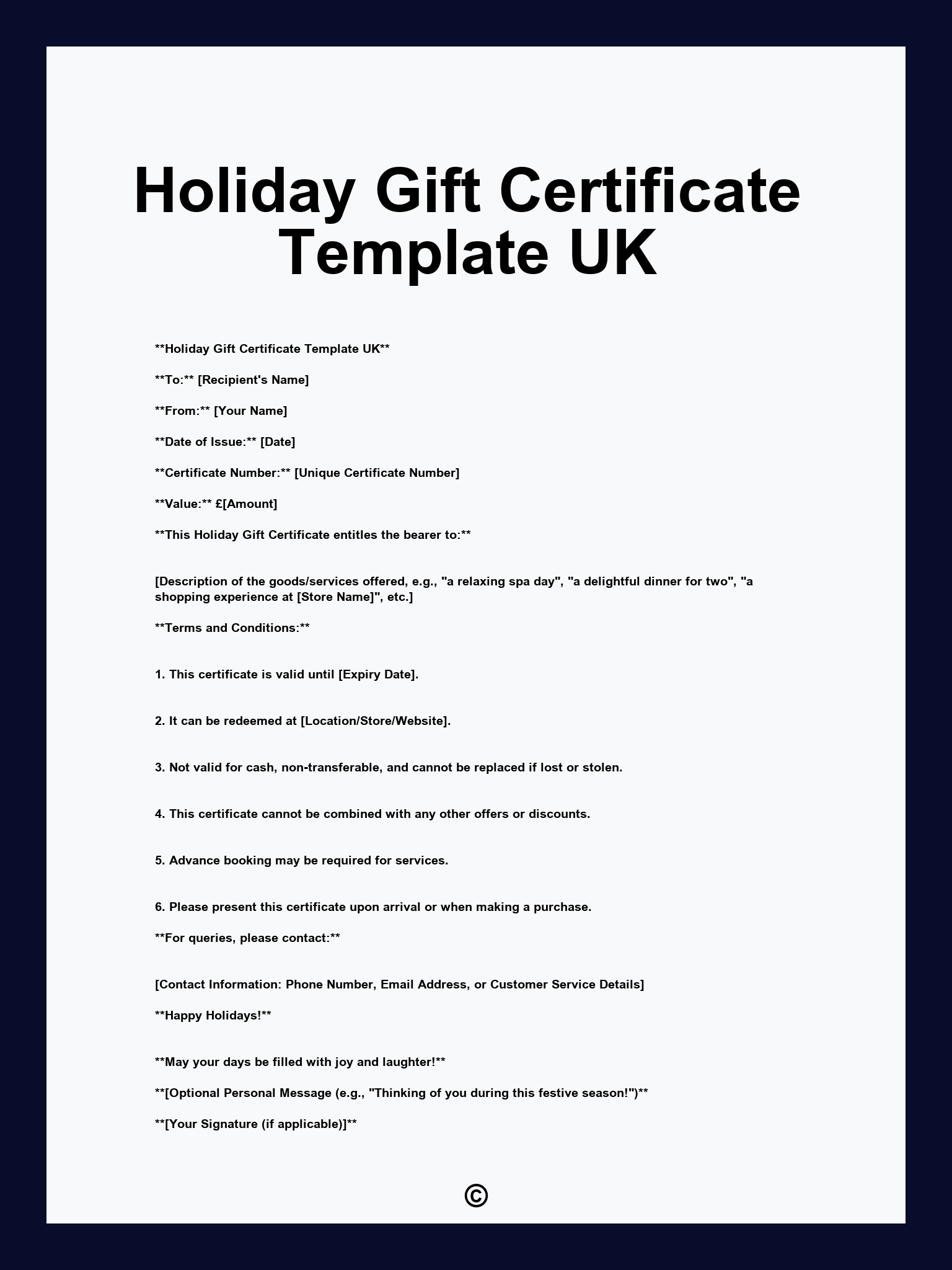 Holiday Gift Certificate Template UK