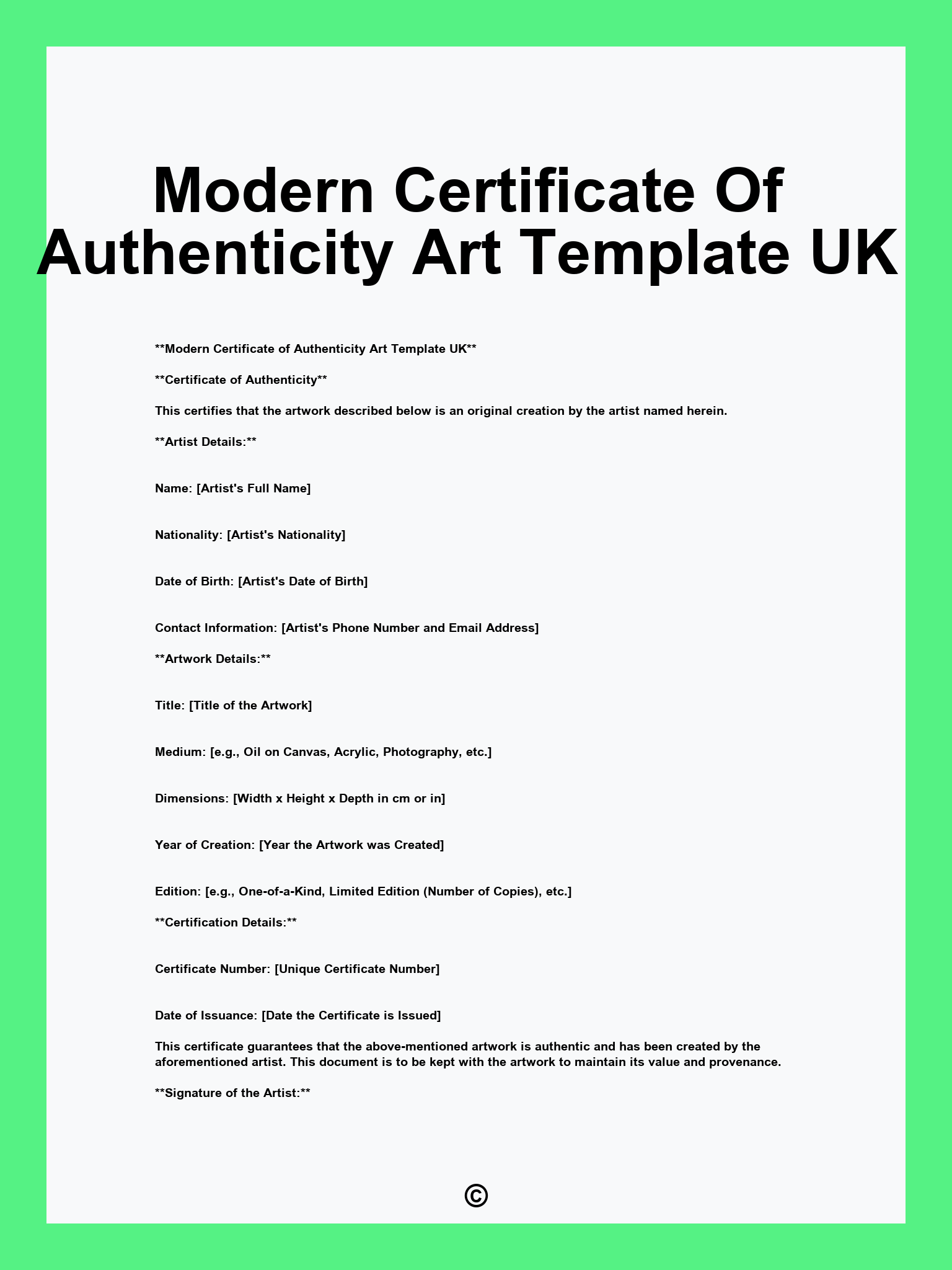 Modern Certificate Of Authenticity Art Template UK