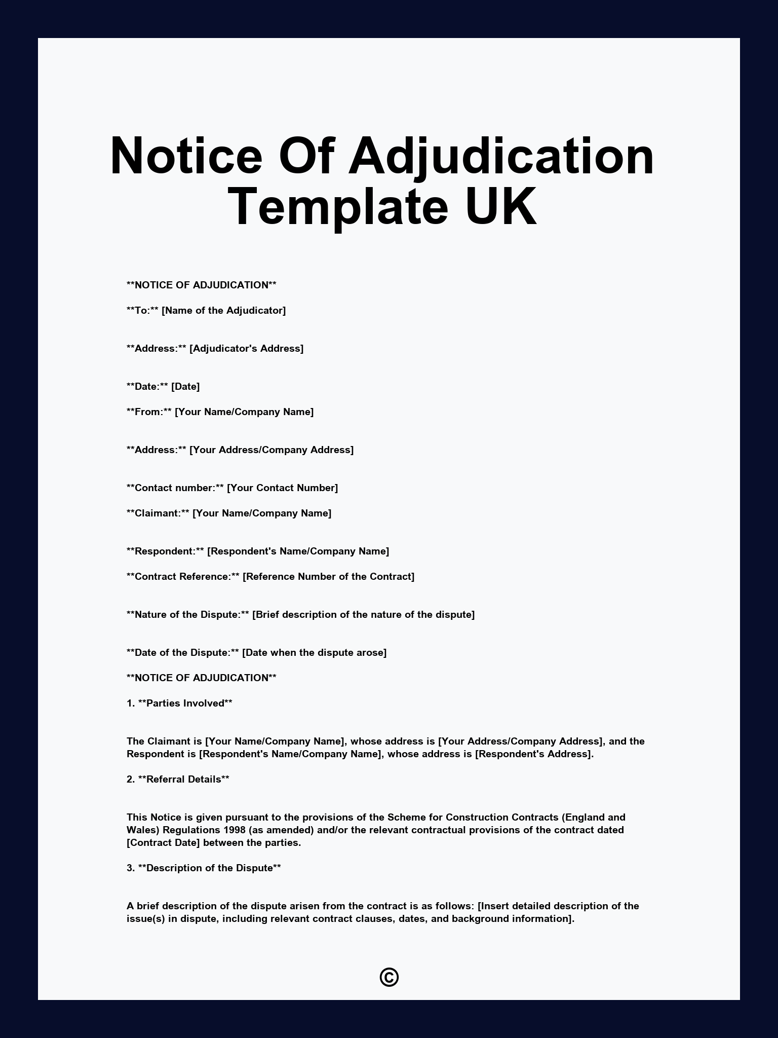 Notice Of Adjudication Template UK