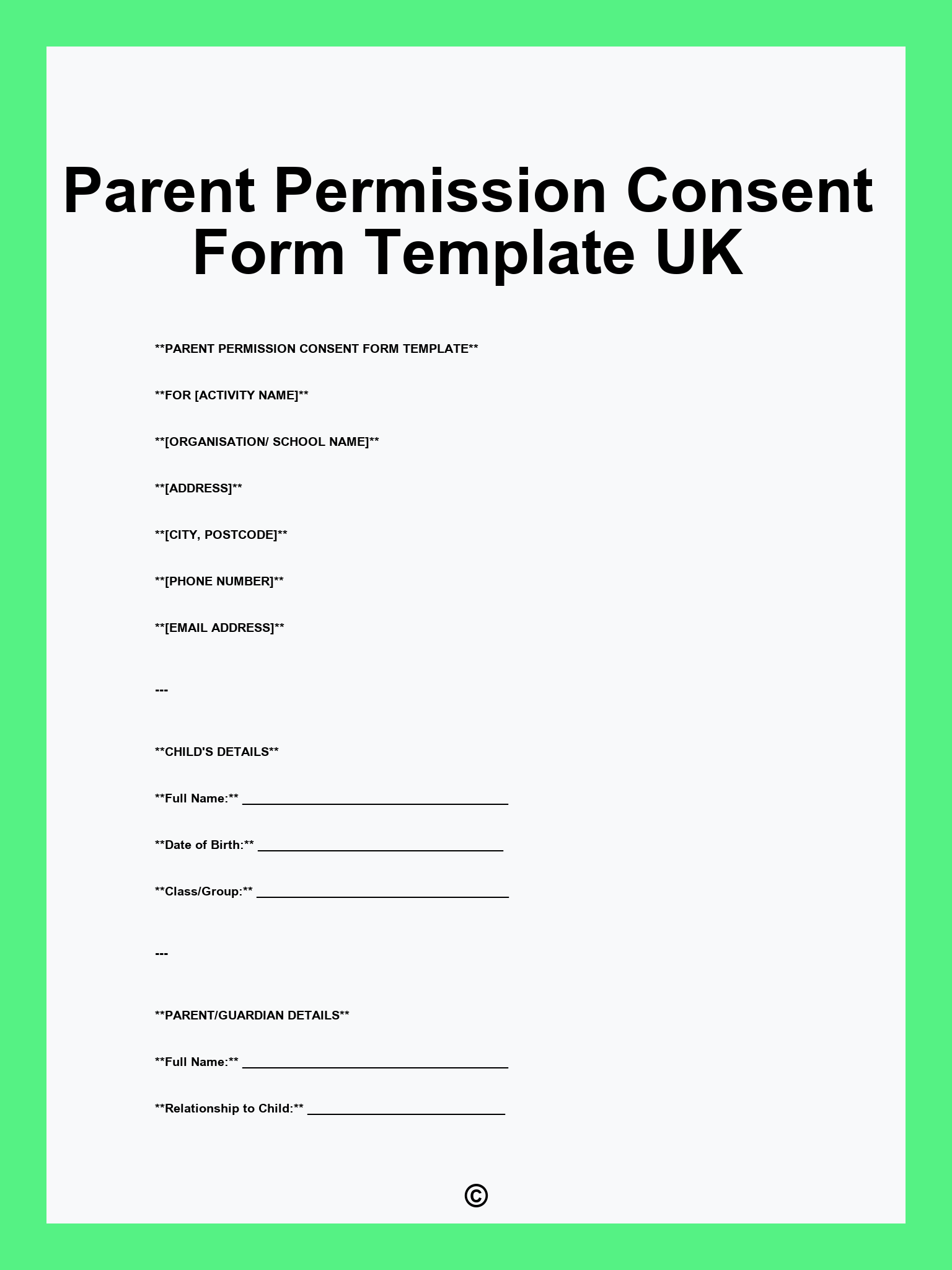Parent Permission Consent Form Template UK