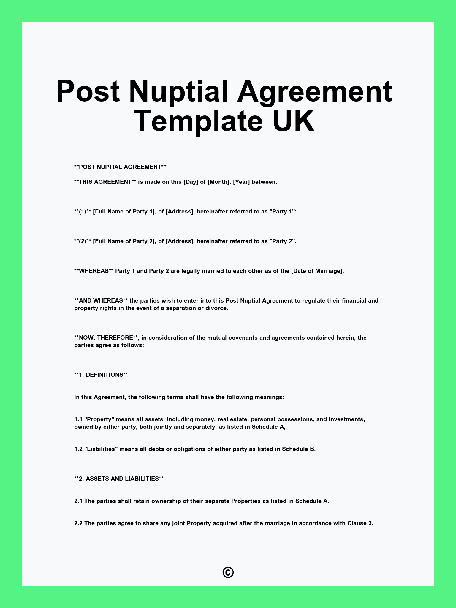 Post Nuptial Agreement Template UK