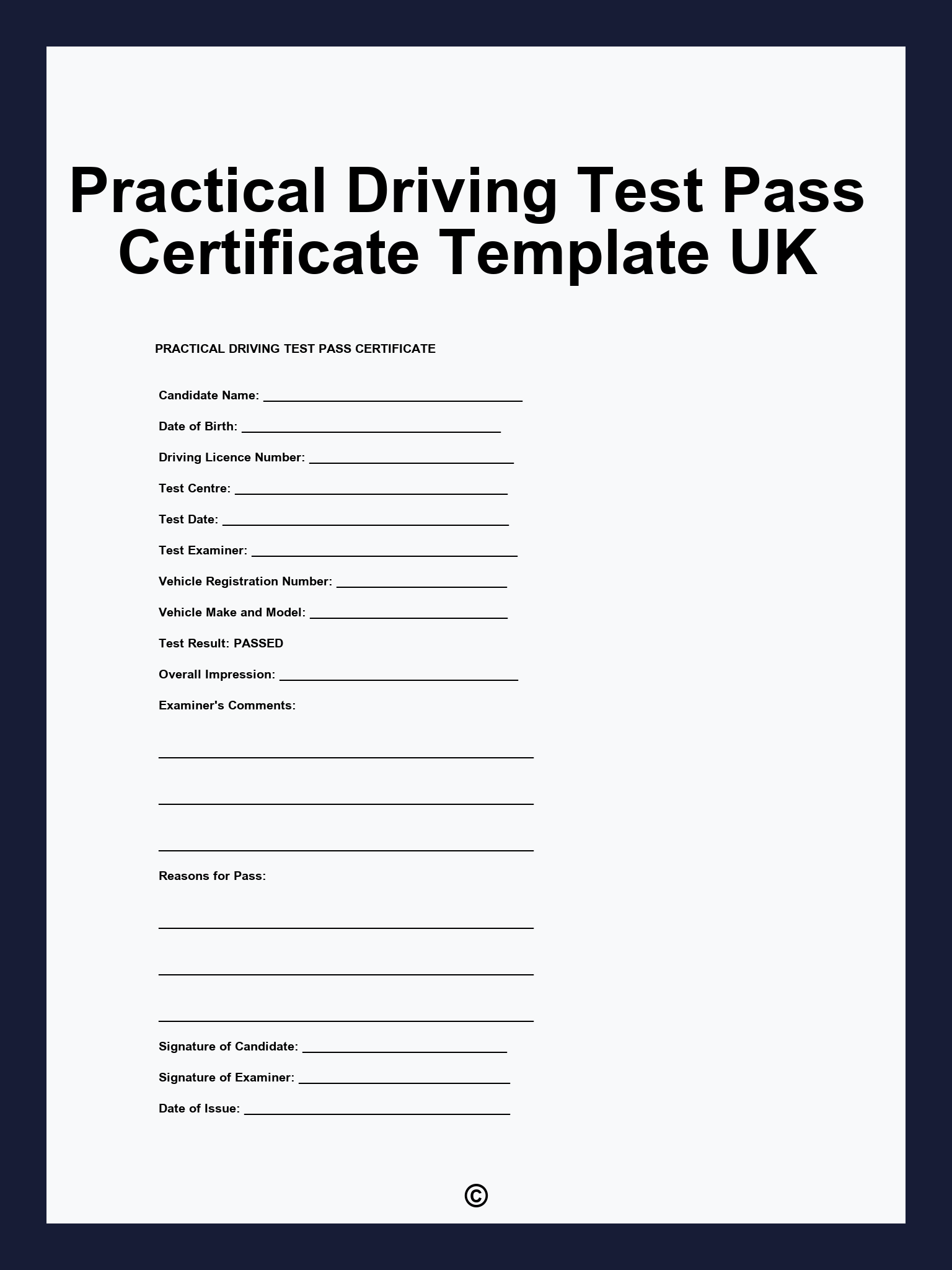 Practical Driving Test Pass Certificate Template UK