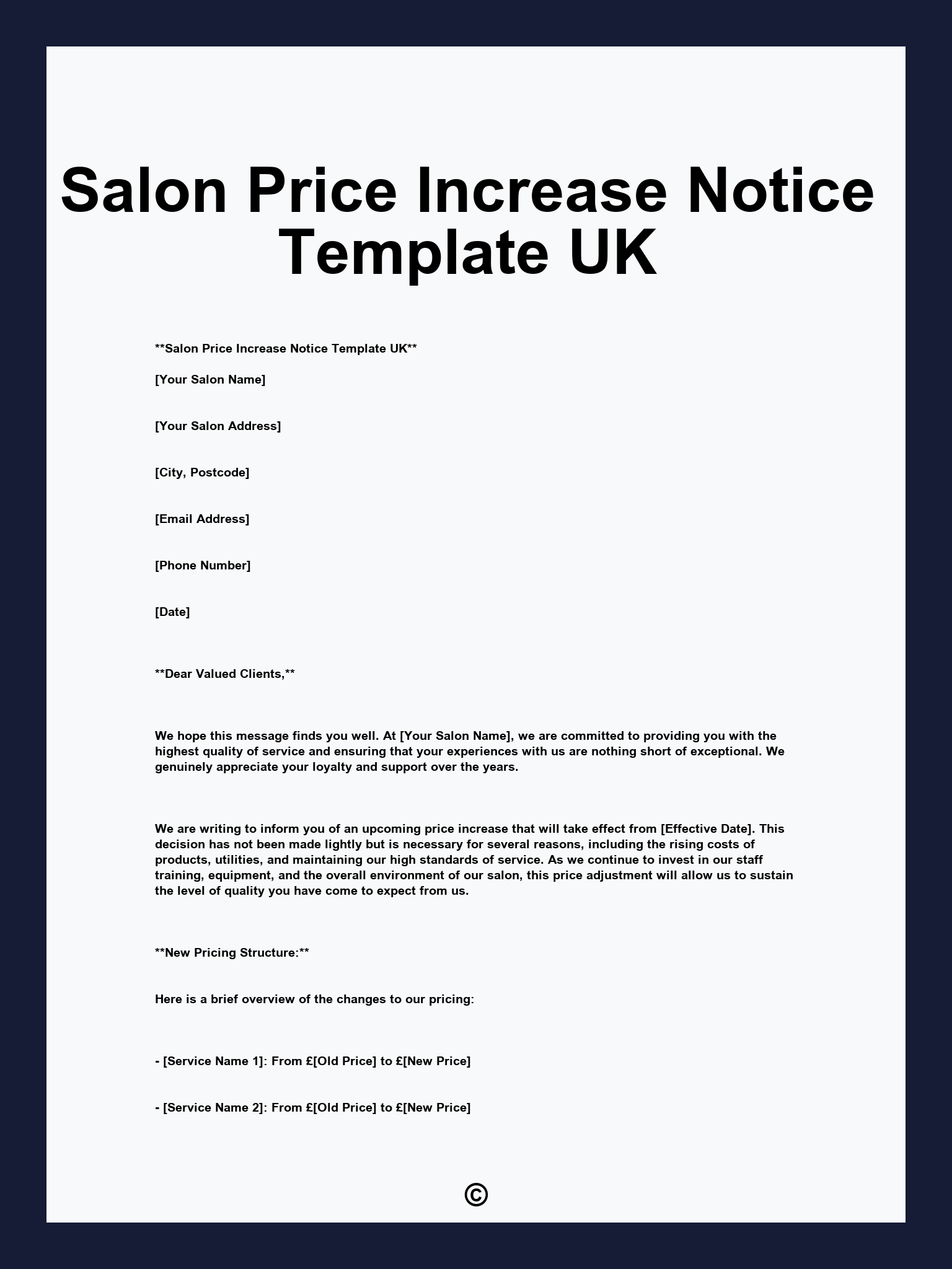 Salon Price Increase Notice Template UK