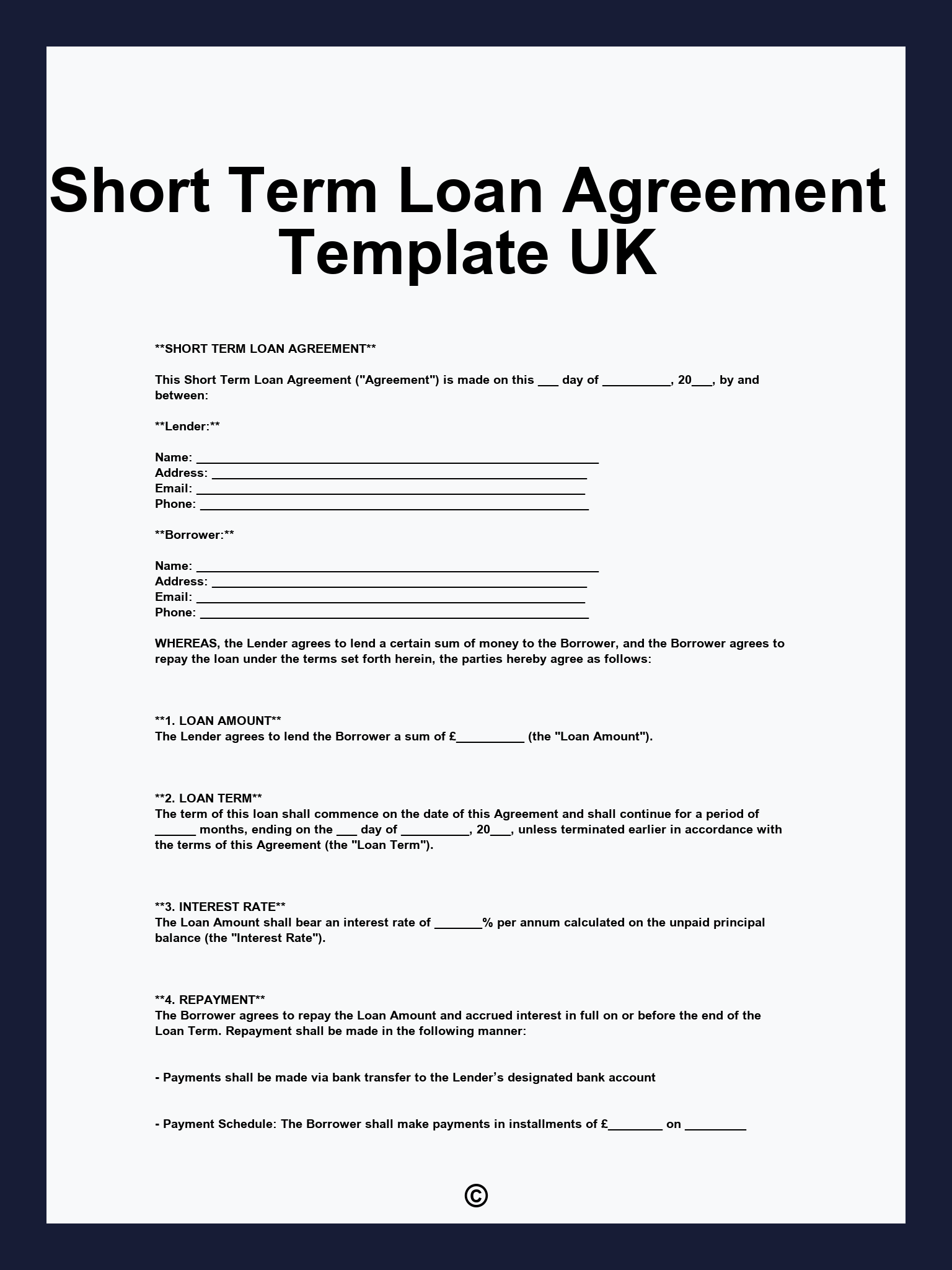 Short Term Loan Agreement Template UK