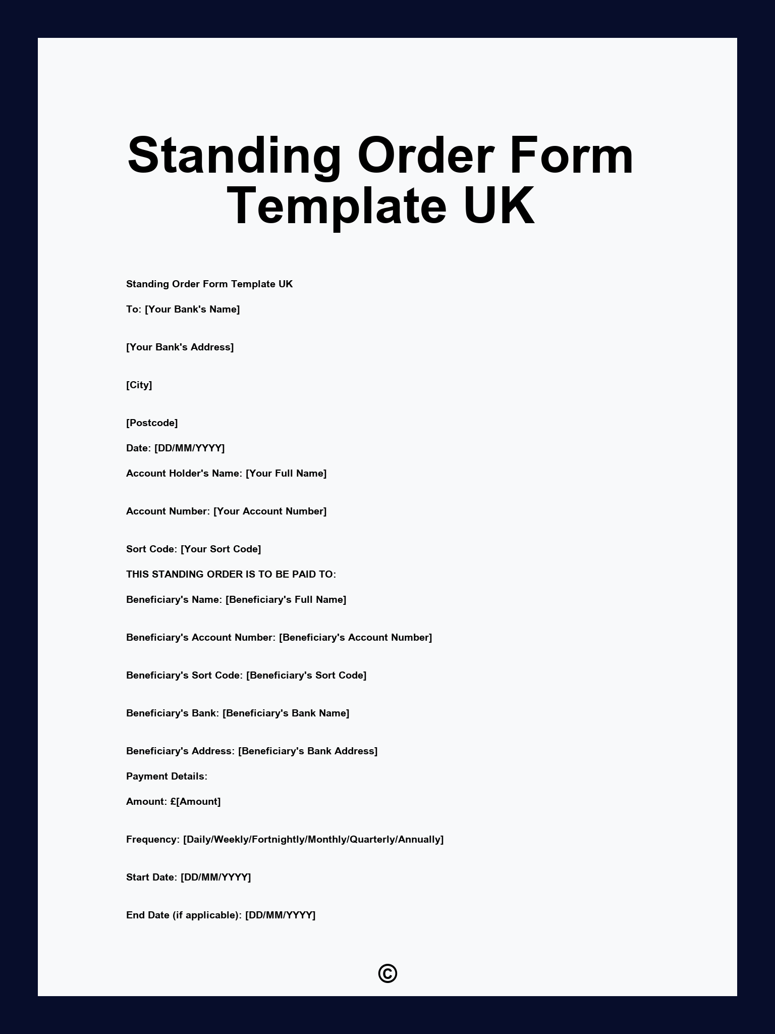 Standing Order Form Template UK